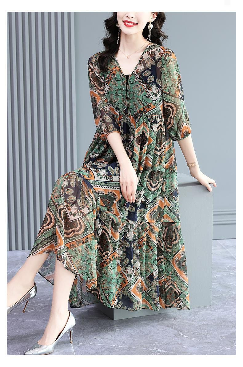 时尚气质中老年女装2023夏季新款大码宽松显瘦复古印花短袖连衣裙详情8