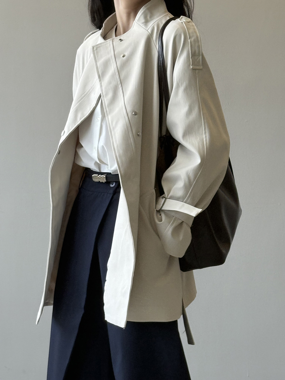 Yan Shuang British-style stand-up collar trench coat for women, autumn loose, casual, lace-up, waist-cinching short style 82585 pic 24