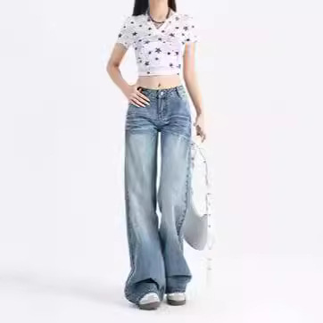 美式复古蓝微喇牛仔裤女高街低腰裂纹宽松垂感百搭直筒喇叭长裤子详情7