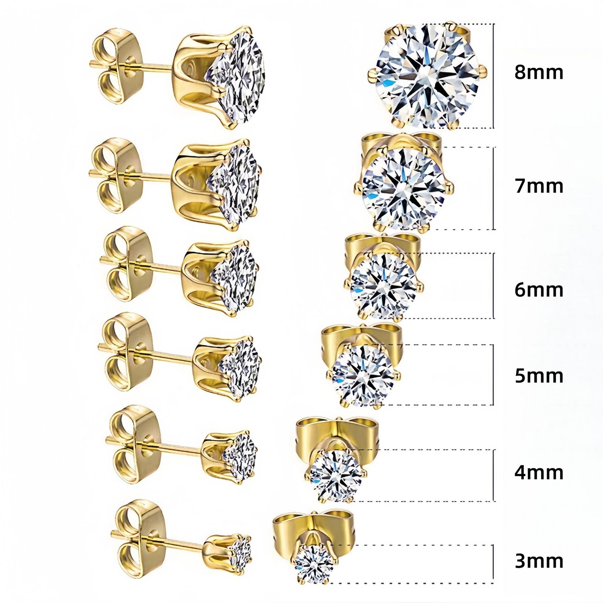 Wholesale of cross-border stainless steel six-prong ear studs, butterfly clasp, classic crown studded with diamonds, round zircon, European and American titanium steel earrings pic 6