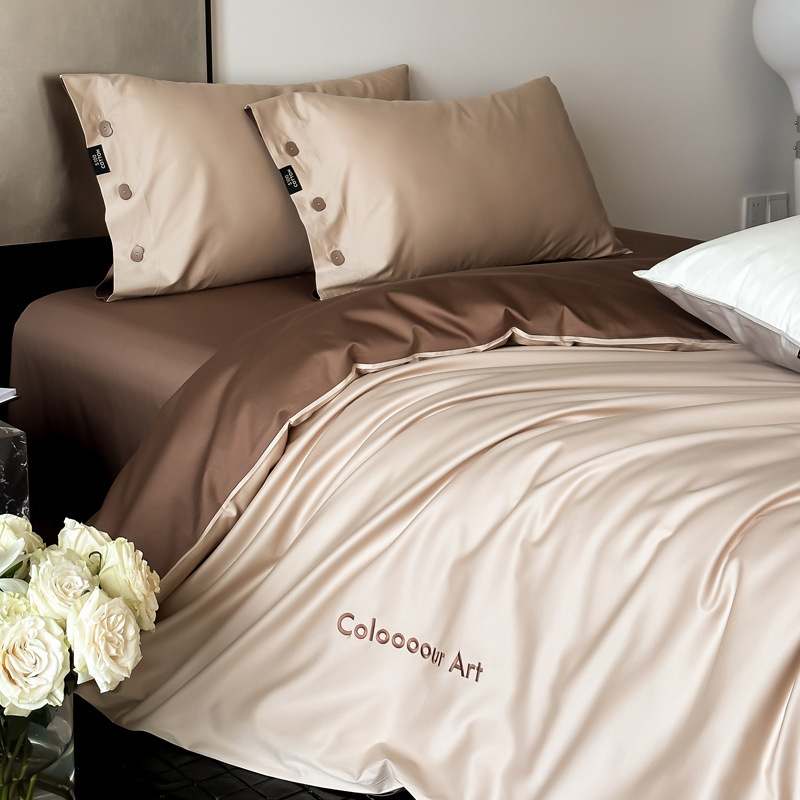 Simple, light luxury and fashionable solid-color long-staple cotton four-piece set, pure cotton letter-embroidered duvet cover, double bedding pic 68