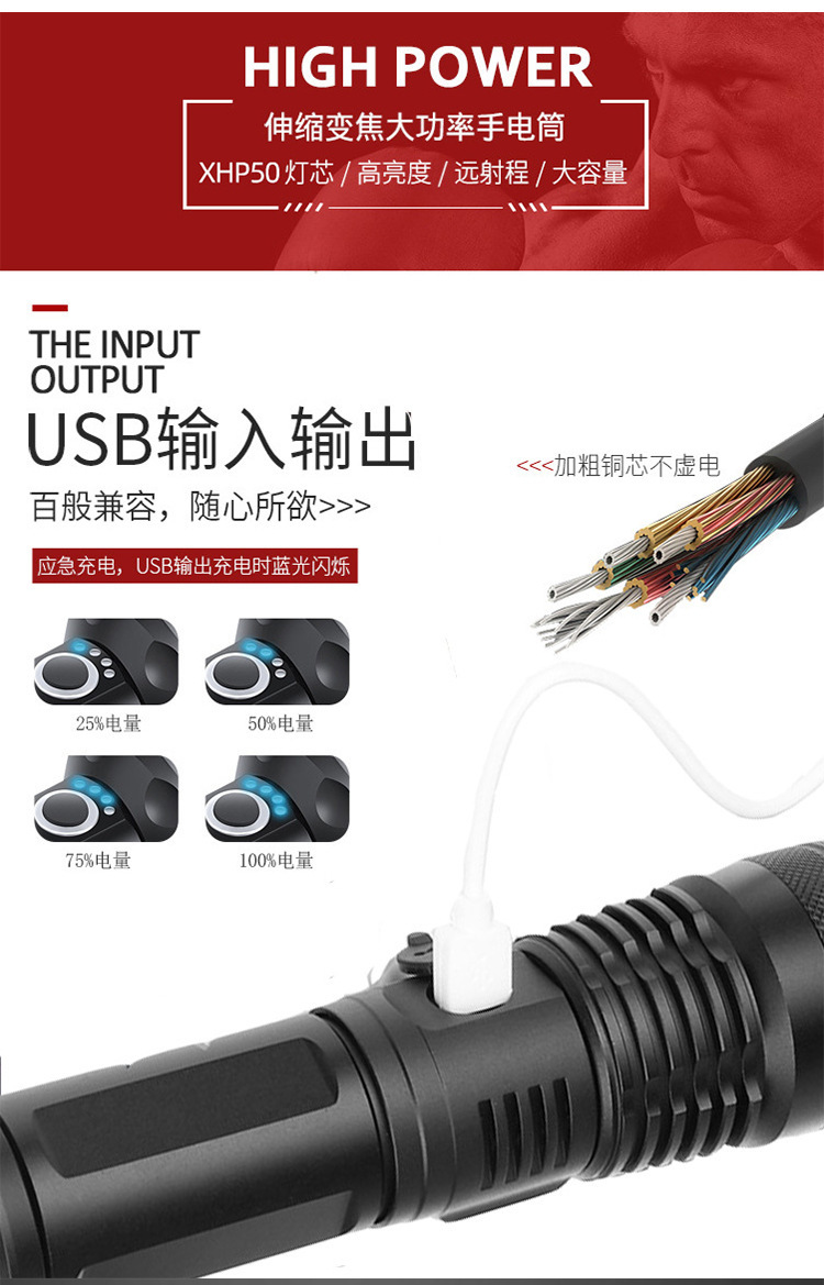 Cross-border P70 high-intensity flashlight led outdoor battery level display USB charging P50 high-intensity flashlight with charging pic 4