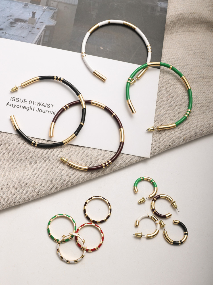 C形珐琅圈圈拼接耳环女法式轻奢小众设计感复古气质银针撞色耳圈详情17