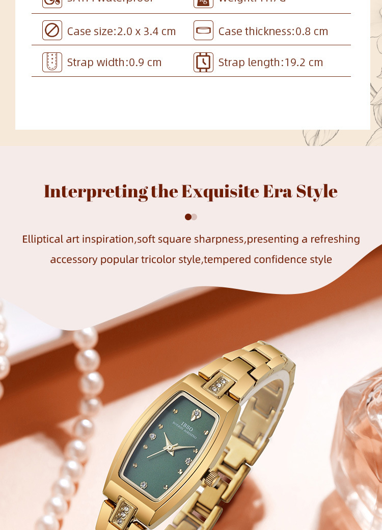 IBSO輕奢酒桶形女士石英表金色鑲鉆小表盤時尚簡約腕表詳情2