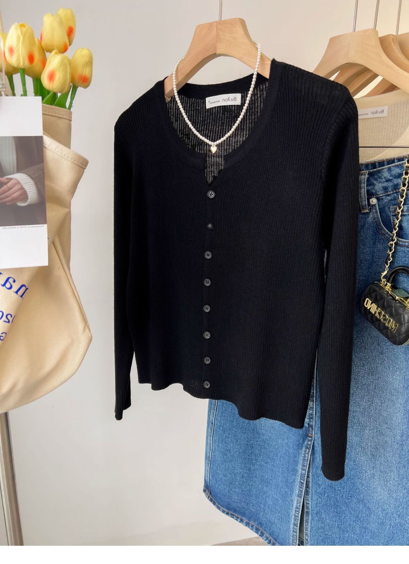 A short woolen cream-colored knitted coat for women, a long-sleeved cardigan for spring and autumn, and a chanel-style innerwear with a base layer pic 28