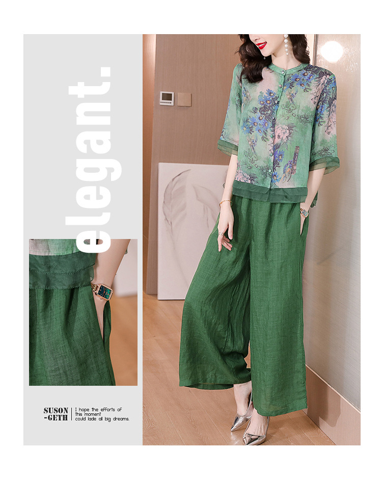 Wide-leg pants set for women, printed ramie shirt top, 2023 new style, retro large-sized cotton and linen pants two-piece set for summer pic 15