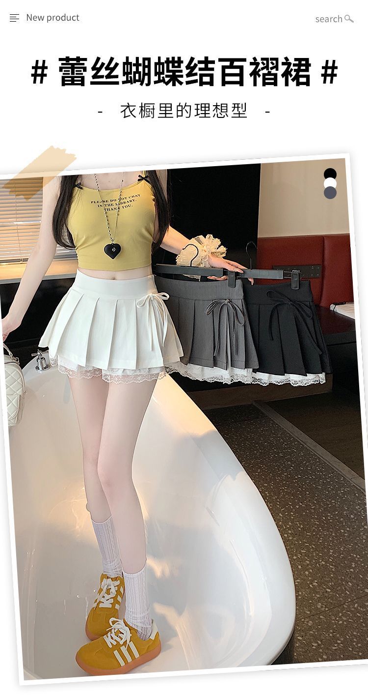 甜美纯欲风百褶半身裙女春夏新款蕾丝拼接蝴蝶结高腰防走光超短裙详情10
