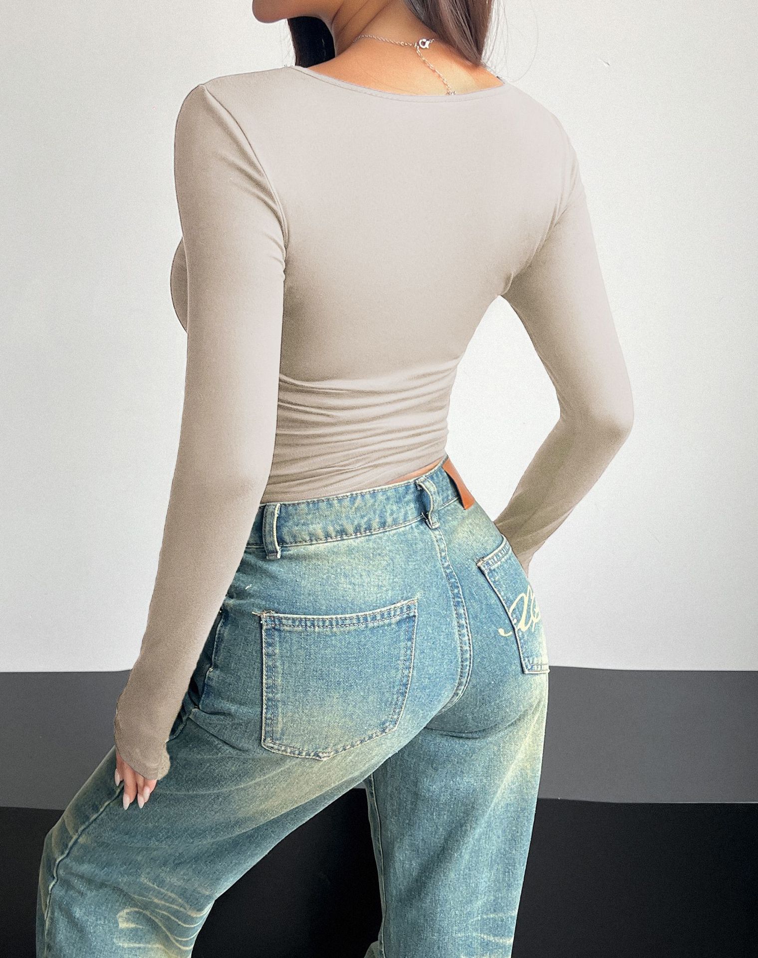 Diyun Cross-border European and American 2024 Spring/Summer Y2K new square-neck long-sleeved pullovers tight casual fashion top for women pic 70