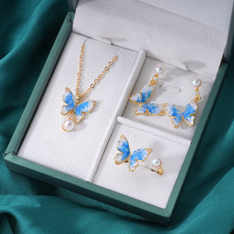 Pearl ring, earneedle pendant, three-piece set, empty stand, four-petal flower, white butterfly shell design, high-end DIY light luxury earrings pic 24