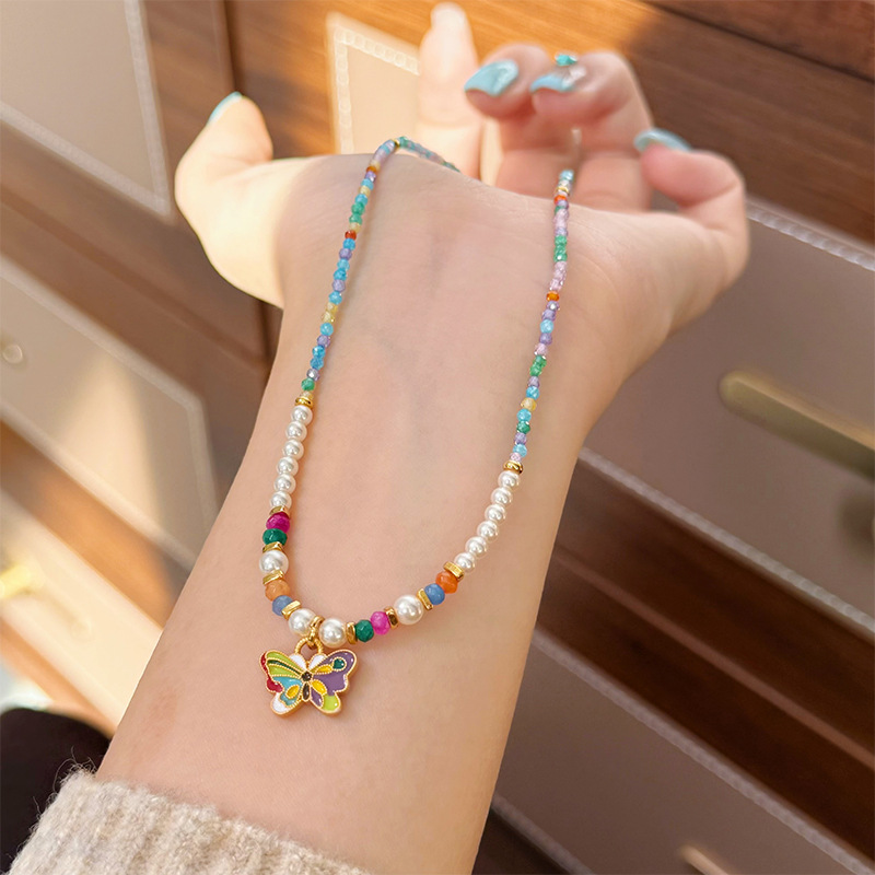春夏新款多巴胺彩色滴油蝴蝶锆石珠项链轻奢小众百搭串珠锁骨链女详情7