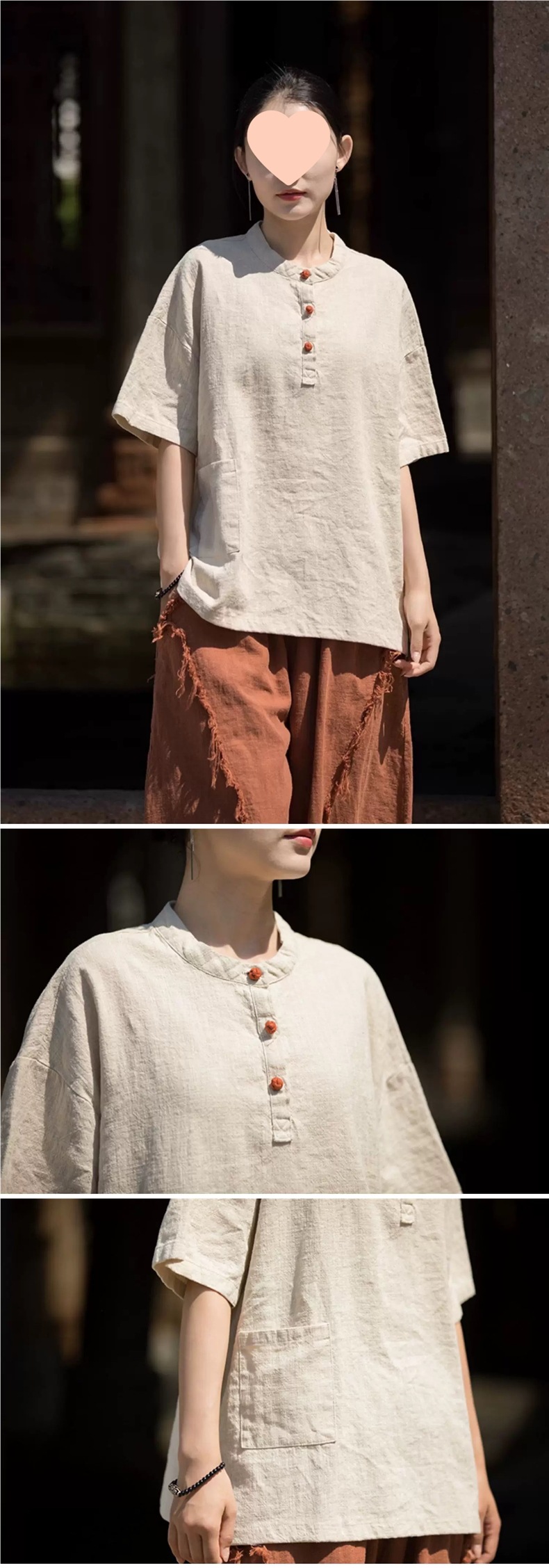 中国风立领盘扣棉麻短袖T恤女2025新款夏季宽松文艺禅意茶服上衣详情4