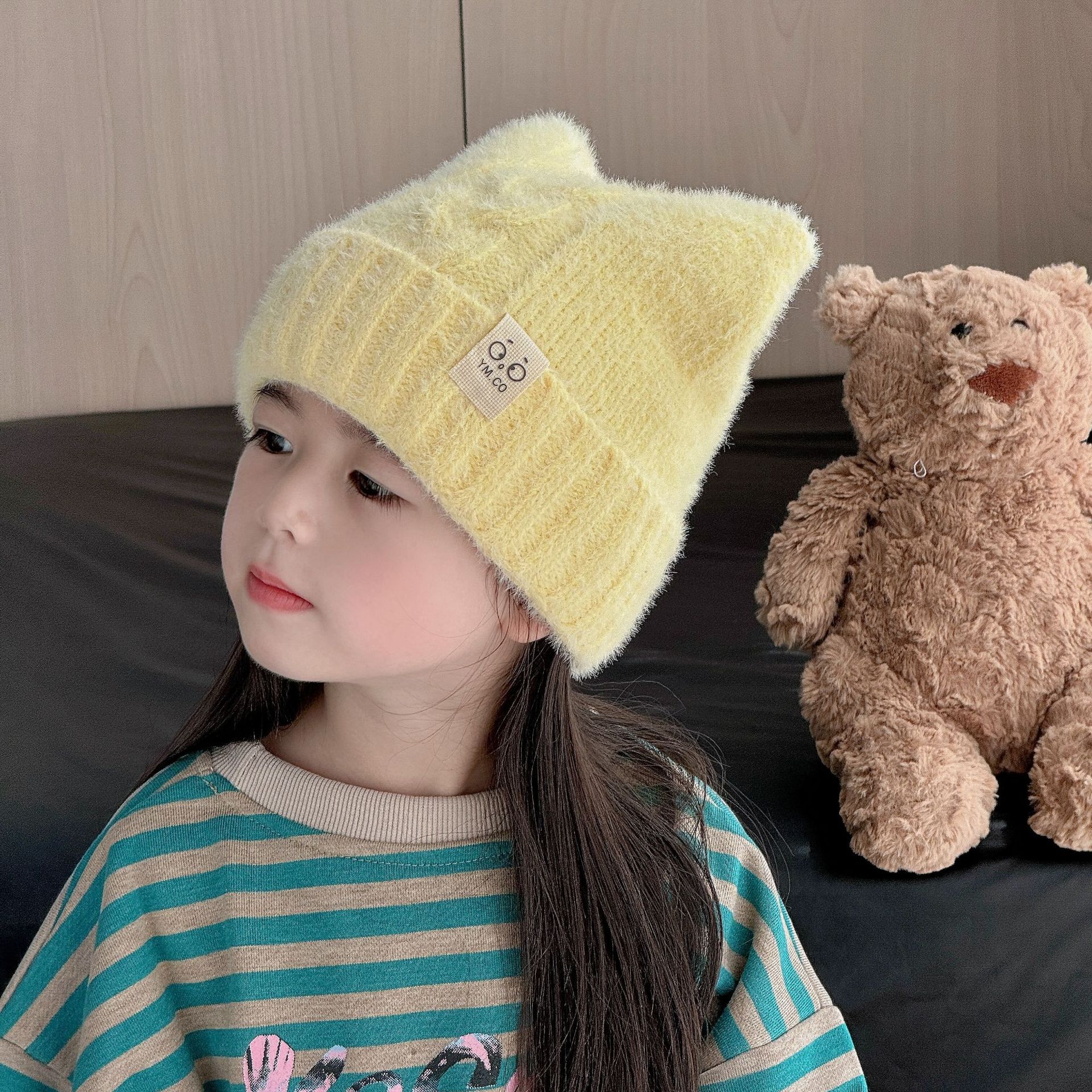 儿童针织帽日系可爱猫耳朵小标狐狸毛秋冬毛线帽防风保暖护耳帽详情3