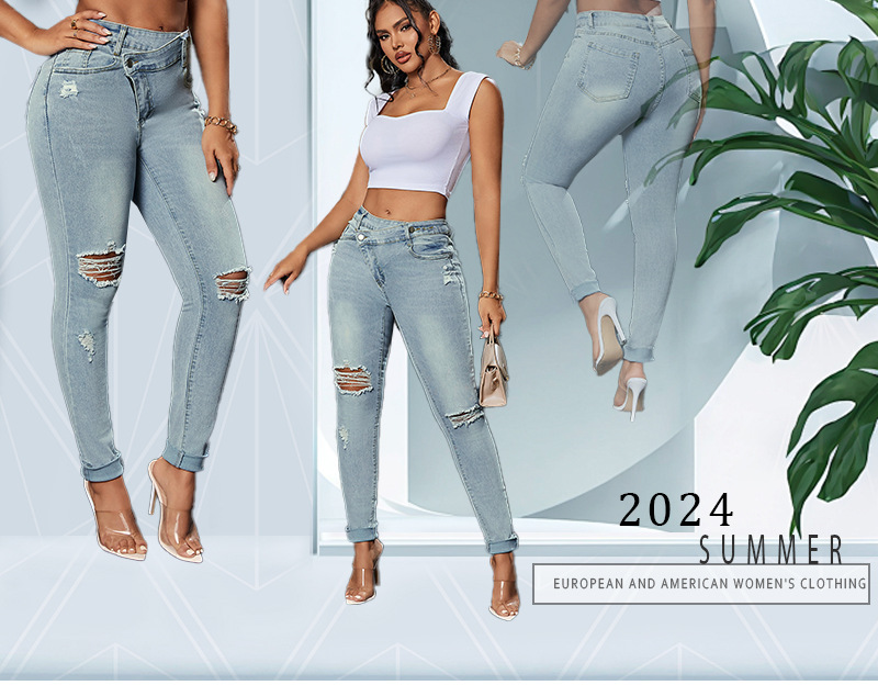 European and American cross-border Amazon 2024 Summer new stretch slimming, form-fitting, ripped, small-leg pencil pants and jeans for women pic 1