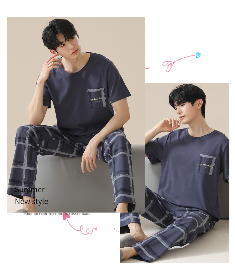 Summer pure cotton pajamas for men, cartoon casual short-sleeved shirts and long pants, pure cotton comfortable home wear, summer youth student set pic 42