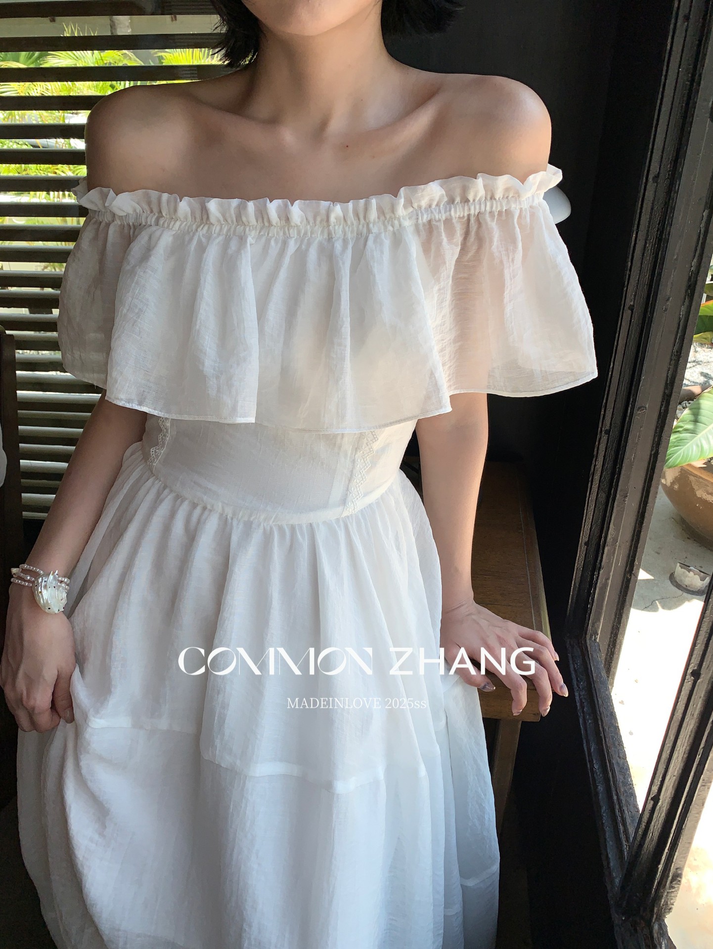 CZ ZHANG Summer French lace patchwork one-shoulder off-the-shoulder sexy slightly transparent texture dress for women B26857 pic 7