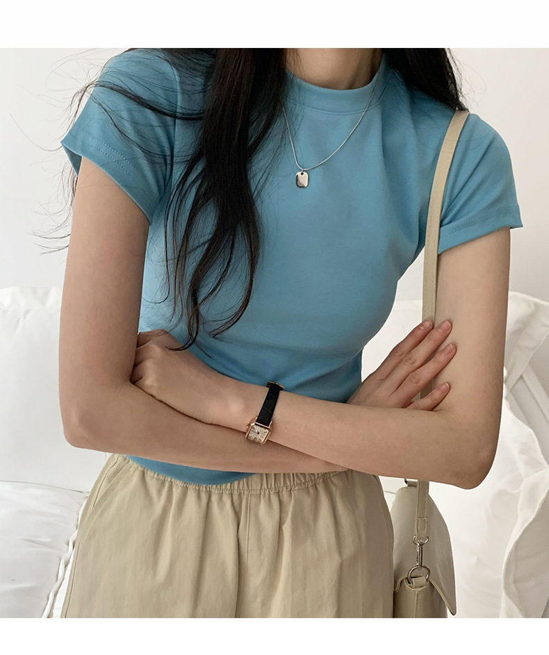 美式纯色正肩短袖t恤女2025ins潮牌辣妹圆领叠穿打底体恤修身显瘦详情27