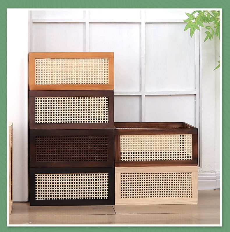 复古藤编收纳筐桌面实木收盒家用卧室零食盒玩具无盖木制收纳盒详情11