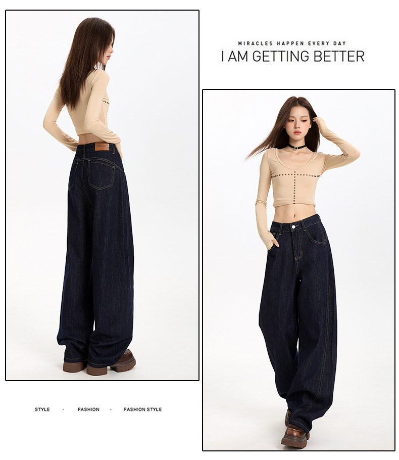 丹宁蓝色宽松廓形弯刀牛仔裤女2025年秋季新款高腰显瘦直筒阔腿裤详情18