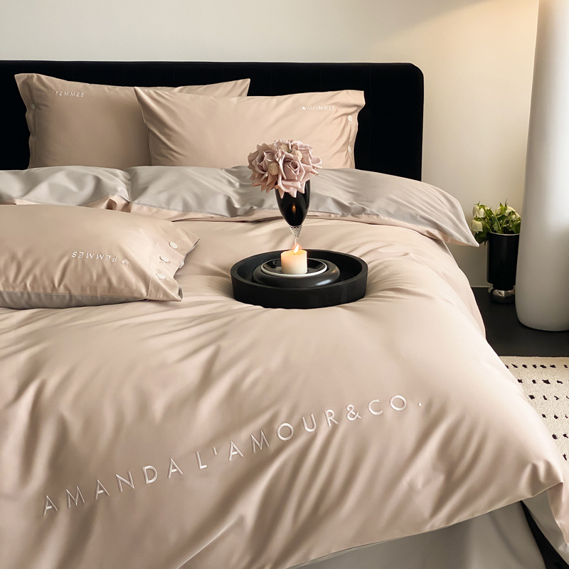Simple, light luxury and fashionable solid-color long-staple cotton four-piece set, pure cotton letter-embroidered duvet cover, double bedding pic 57