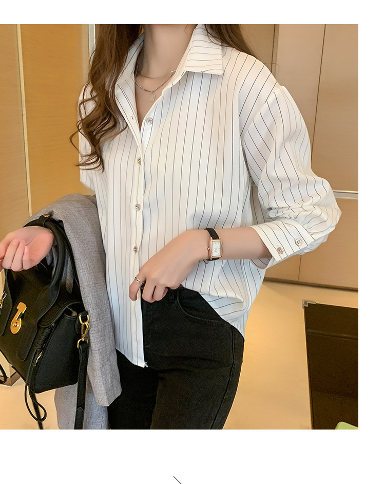 This vertical striped chiffon shirt for women with three-quarter sleeves is a new autumn collection. It features a unique and mature design with a sense of elegance and drape pic 23