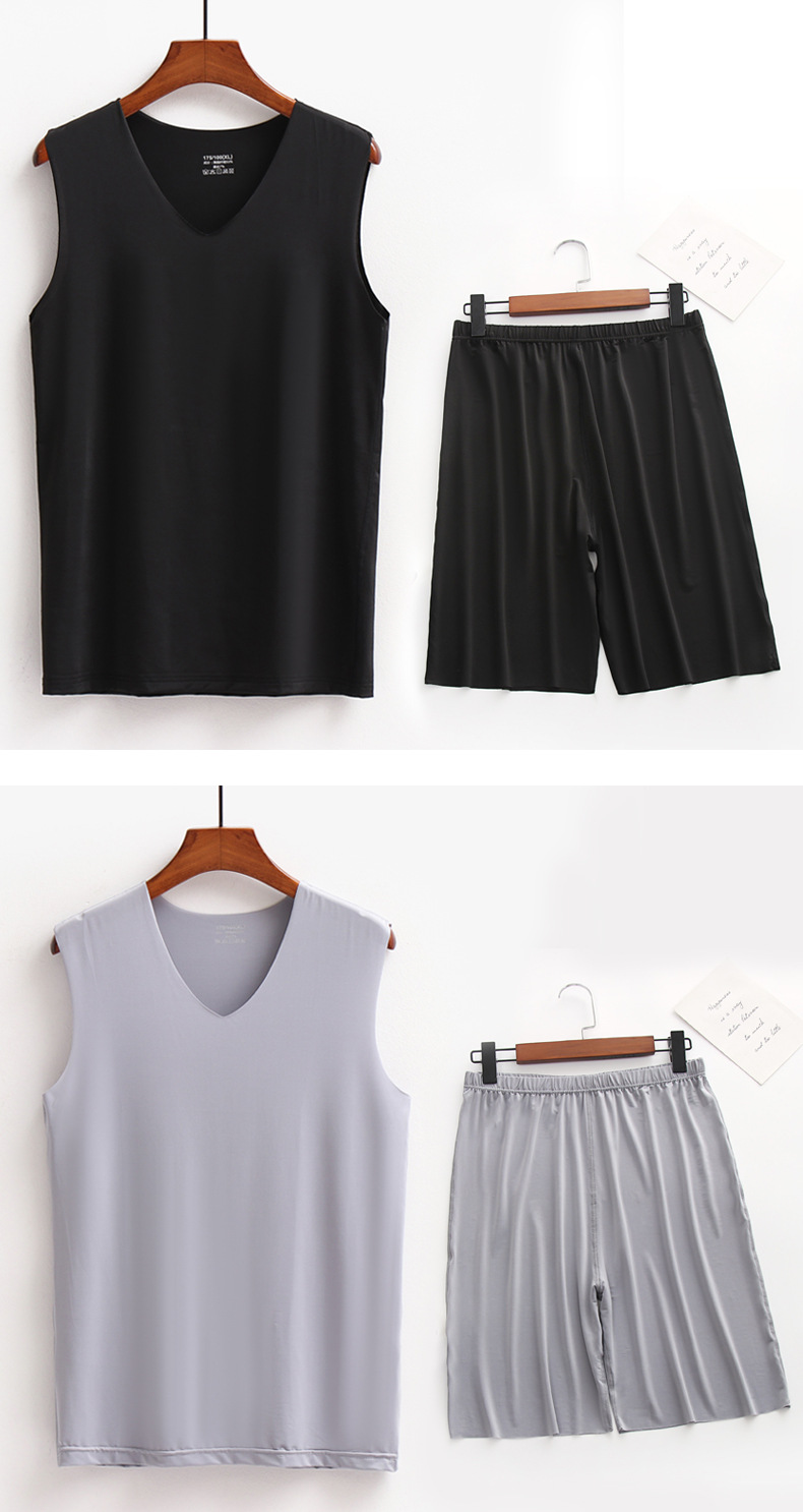 液态冰丝光丝滑无痕男士宽肩V领背心睡衣睡裤套装五分短裤家居服详情10