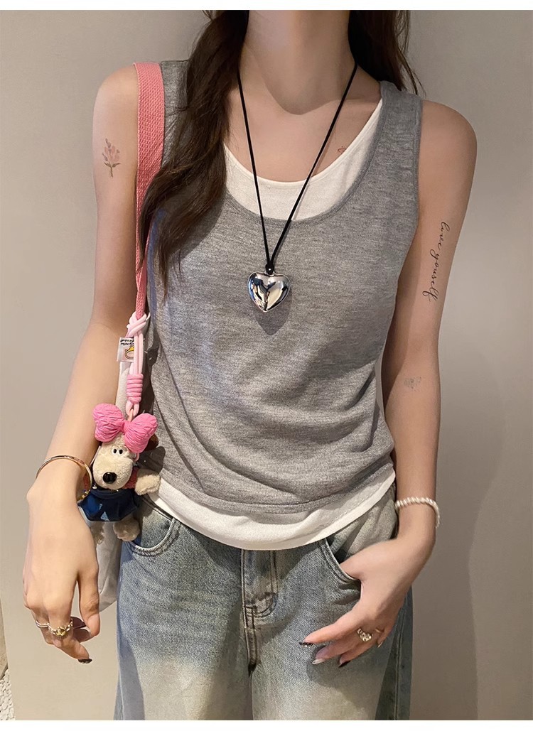 新款慵懒风撞色宽松背心假两件吊带小背心夏季女装内搭夏外穿上衣详情16