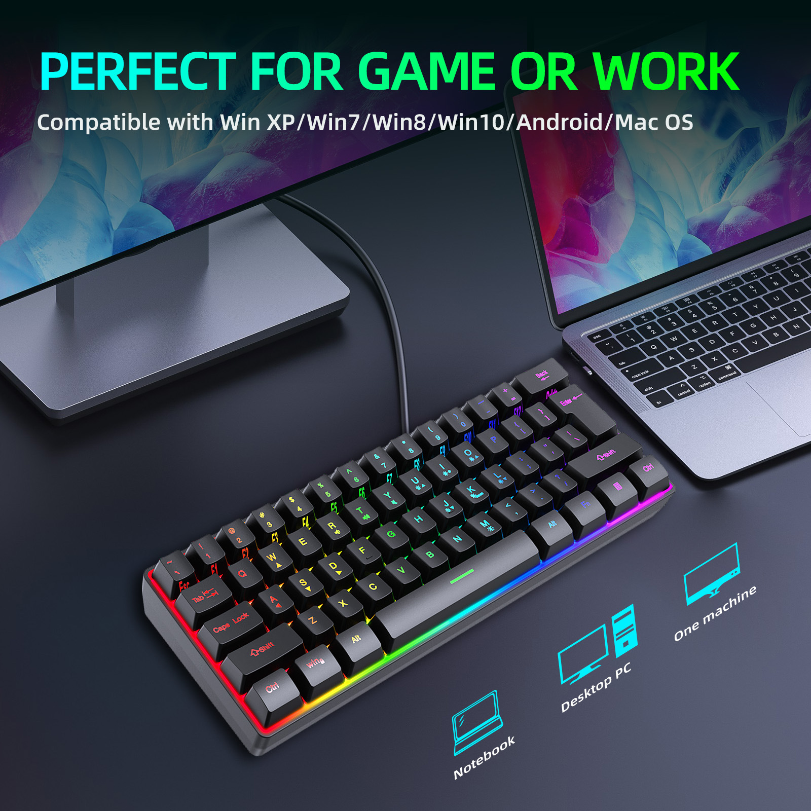 Wholesale and consignment of 61-key Yunguoguo k401 notebook desktop wired gaming small keyboard RGB illuminated keyboard pic 15