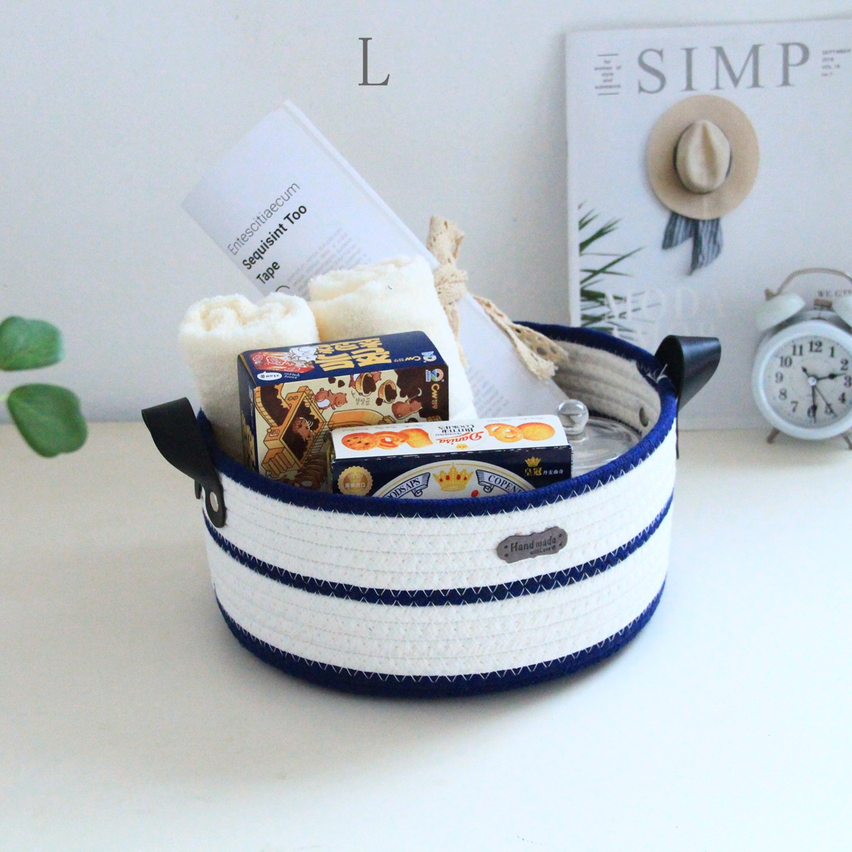 Round cotton rope woven storage basket with leather handle, InS-style desktop storage basket, cosmetics and toys storage box, Nordic style pic 10