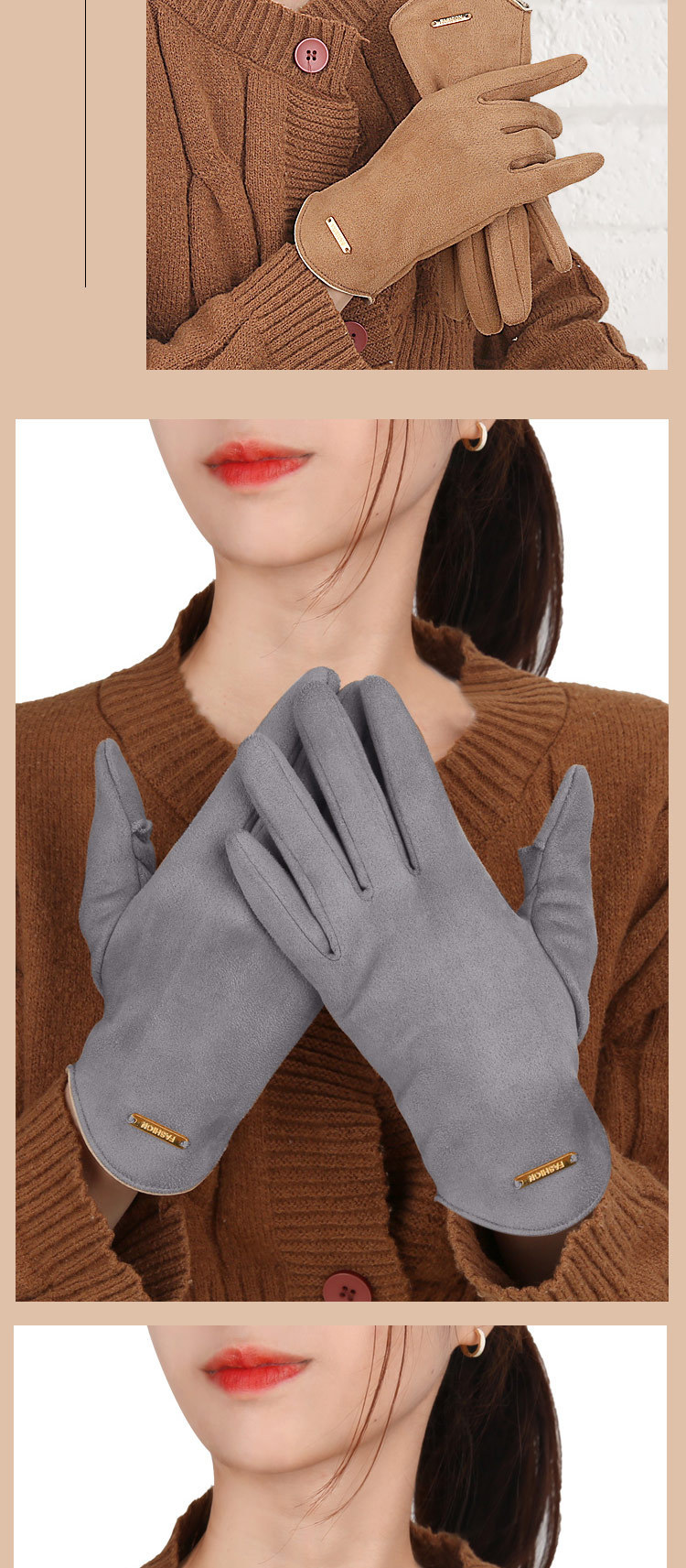 简约麂皮绒漏指手套男女加绒保暖手套骑行开车翻盖触屏情侣手套详情44