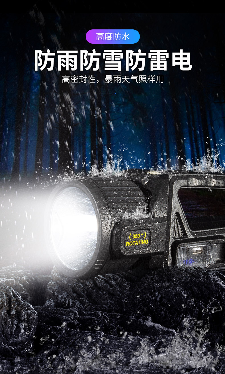 跨境新款P70强光手提灯USB充电灯头可旋转多功能太阳能LED探照灯详情16