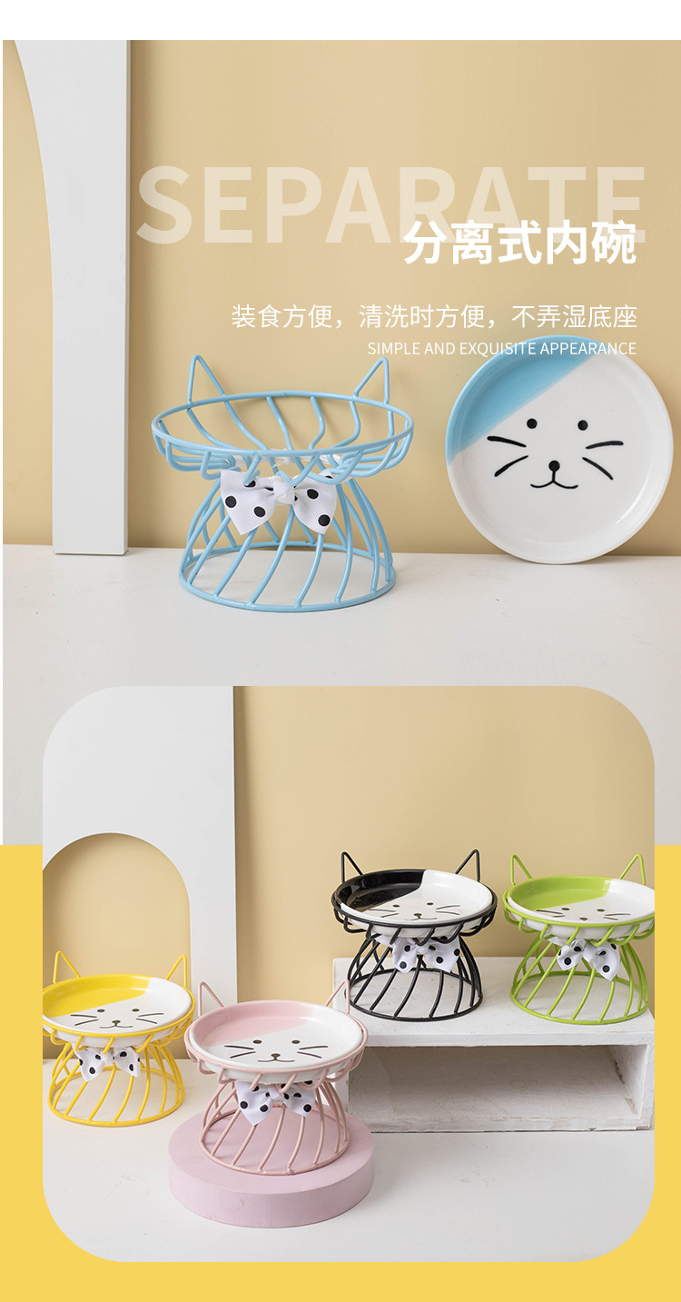 Wow custom cat bowl, ceramic high-legged neck guard, large-mouthed pet food bowl, Garfield cat special flat face bowl snack plate pic 6