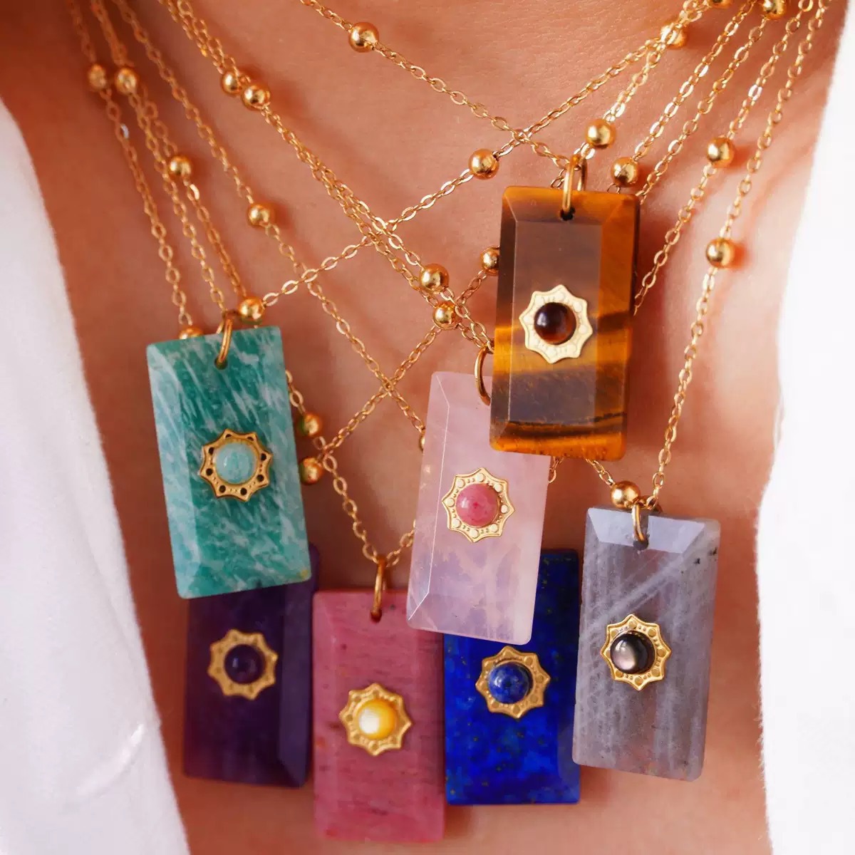 跨境ins时尚轻奢蓝色系列天河石不锈钢14K金项链简约高级手工项链详情9