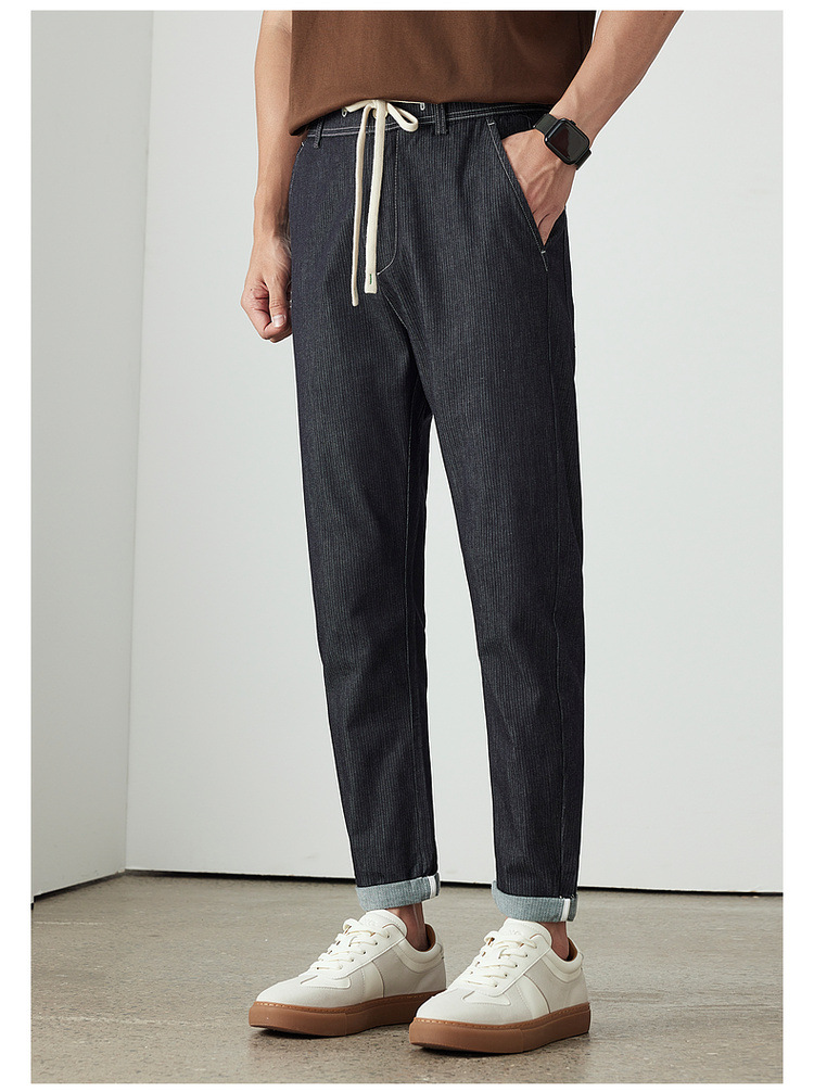 WOOG2005辑明线黑色水洗牛仔裤男2025夏季新款百搭抽绳直筒长裤子详情8