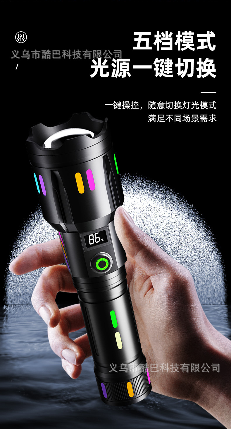 亚马逊强光变焦多功能手电Type-C充电荧光条数字电显白激光手电筒详情13