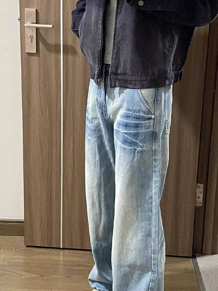 Washed blue straight-leg jeans for men, spring and autumn style American high street vibe pants, cleanfit curved slightly flared trousers pic 3