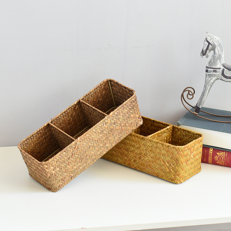 桌面复古海草收纳盒分格杂物收纳筐遥控器收纳篮藤编化妆品整理盒详情2