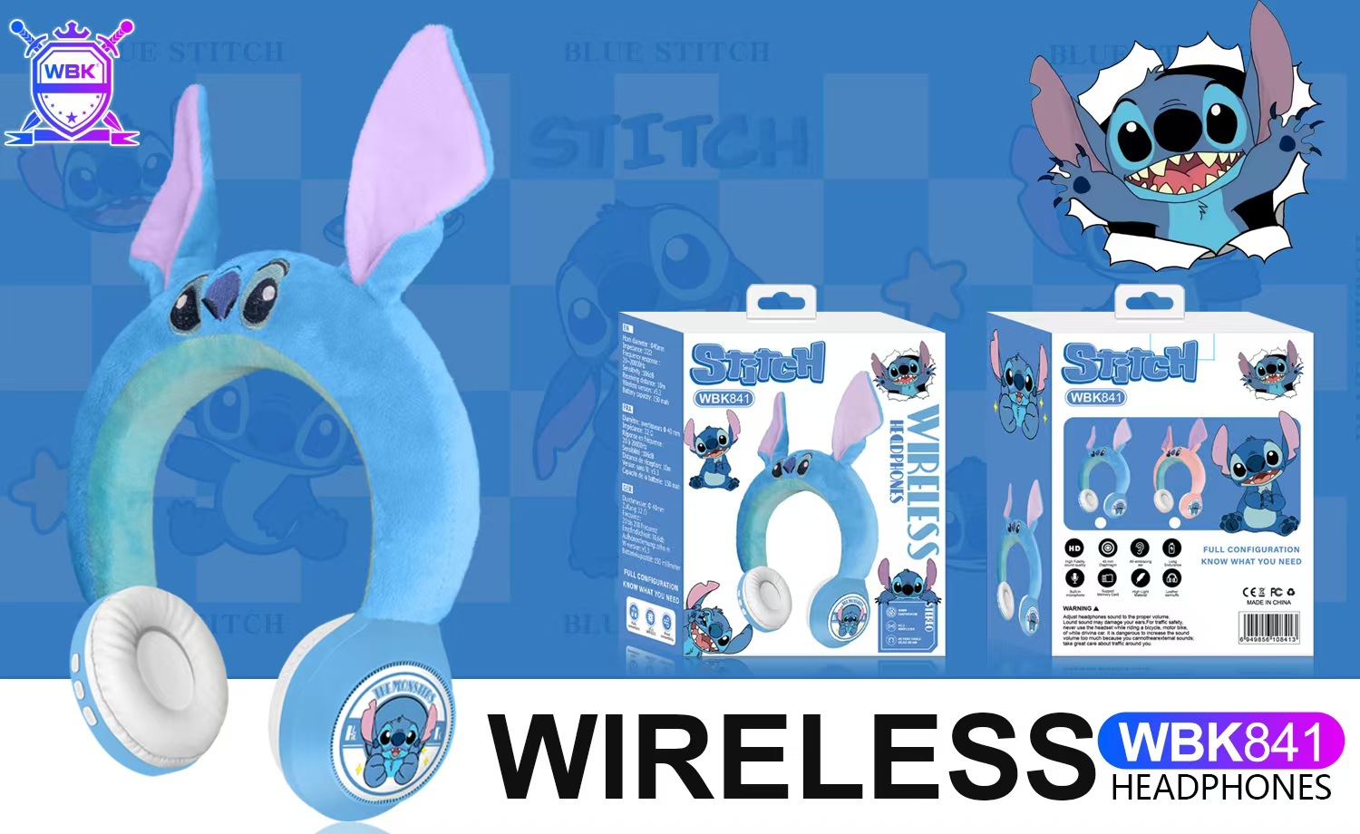 WBK-841新款创意卡通史迪仔毛绒头戴蓝牙耳机礼品无线儿童跨境外详情8