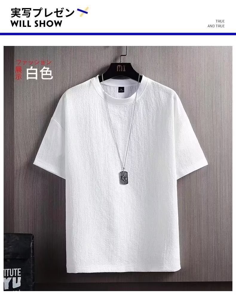 Thin short-sleeved T-shirt for men, new summer style, half-sleeved shirt, cotton and linen solid color loose base layer, white five-quarter sleeve pic 6