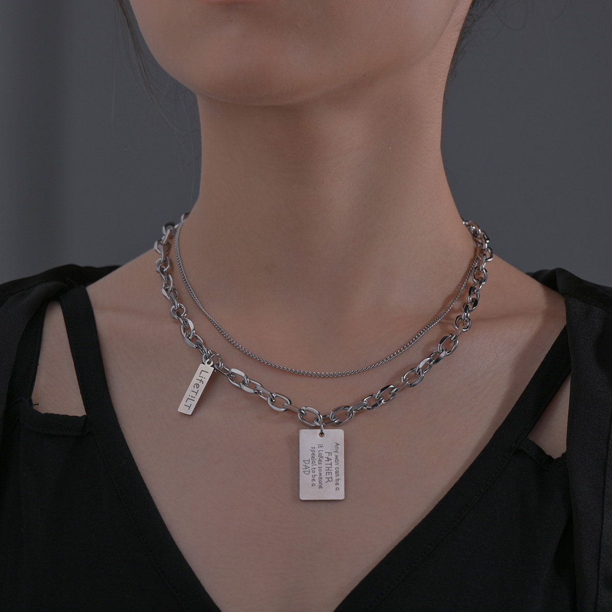 Cross-border supply titanium steel letter double-layer collarbone necklace for women, Instagram trendy hip-hop style, European and American personality pendant, street brand pic 6