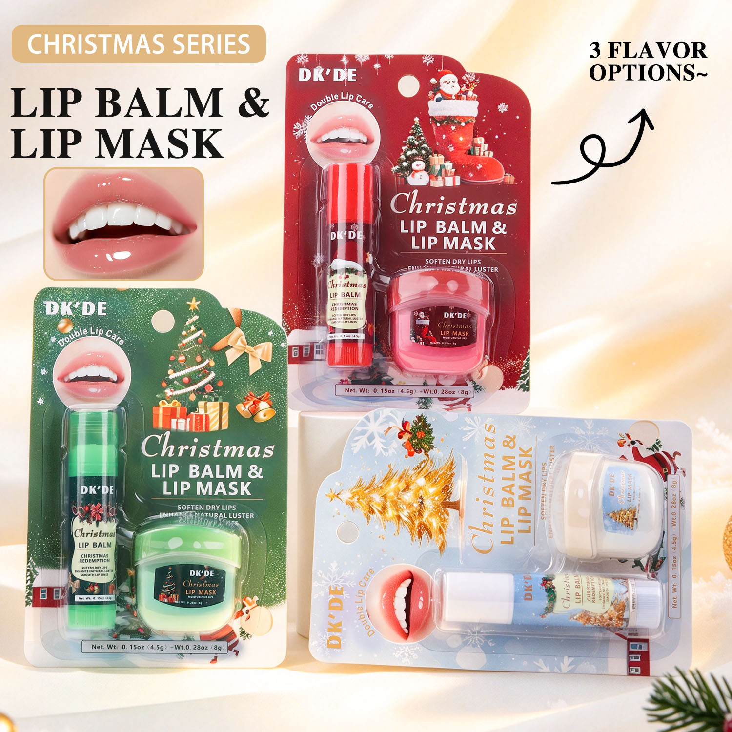 【 Cross-border Exclusive 】DKDE+ 3-color Christmas Lip Mask + Lipstick Set: Soft, firm, hydrating, Protective and anti-cracking pic 9