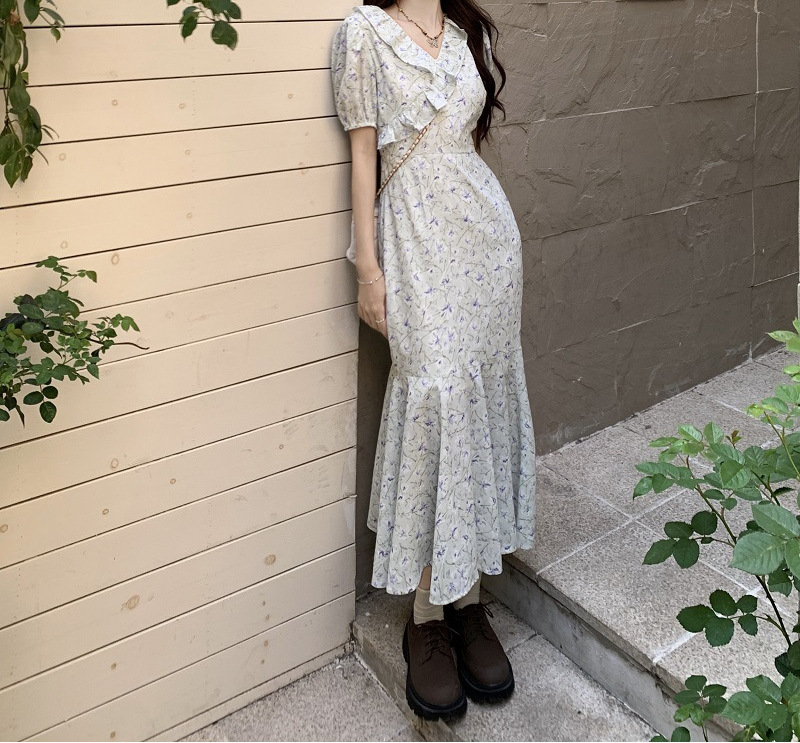 短袖碎花连衣裙中长款鱼尾裙新款初恋气质时尚温柔风裙子详情1