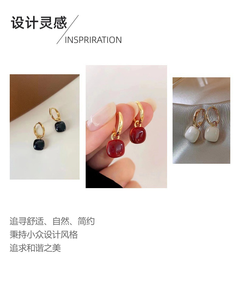 酒红色几何方形耳扣气质耳环女小众设计感复古个性简约时尚百搭耳详情1