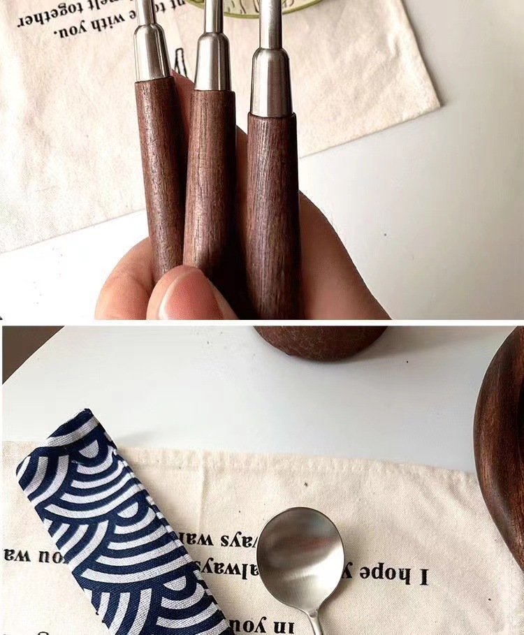 仿胡桃木柄简约质感不锈钢勺子叉子套装家用西餐餐勺高颜值餐具详情6