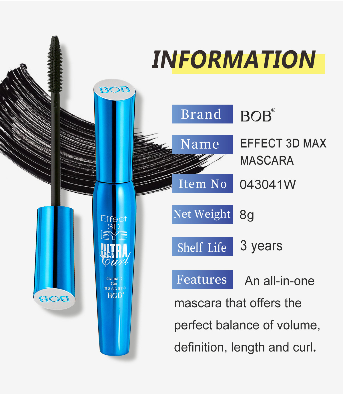 Cross-border exclusive bob Three-dimensional curling mascara: Thick, non-smudge, slender, waterproof and long-lasting black base cream pic 9