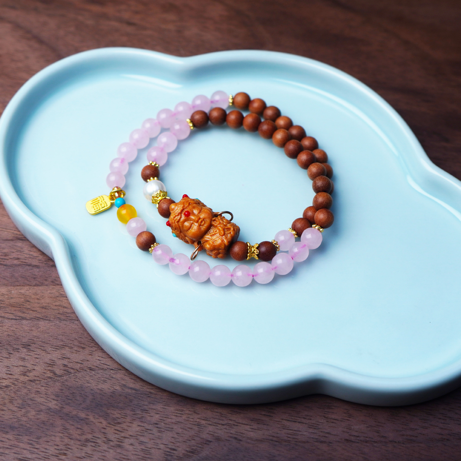 寺庙同款天然芭比檀木双圈手串复古民族风宝宝粉晶女手链饰品配饰详情31