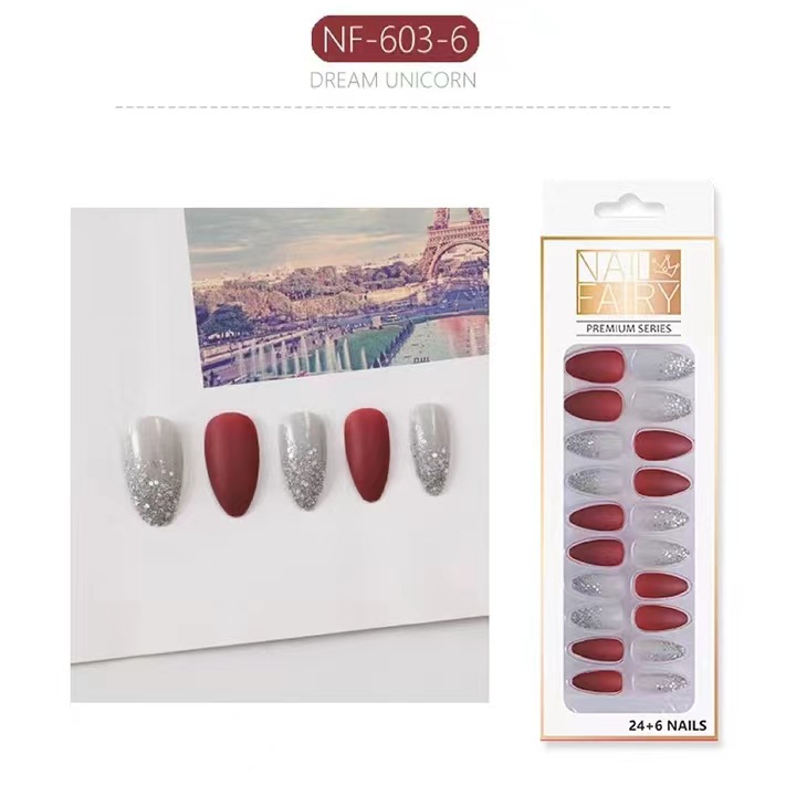 Cross-border exclusive flash pink color-blocking and dazzling nail art, 24 pieces of finished nail art, wearable detachable false nails pic 6