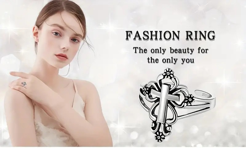 咖亿新款袖口戒指复古十字架男女通用花朵设计搭配高品质首饰详情1