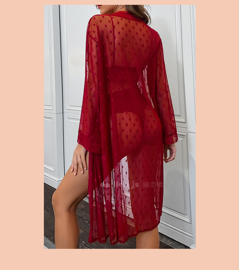 Cross-border foreign trade independent station Sexy mesh see-through pajamas four-piece set Long outer robe bra underwear set 9076 pic 14
