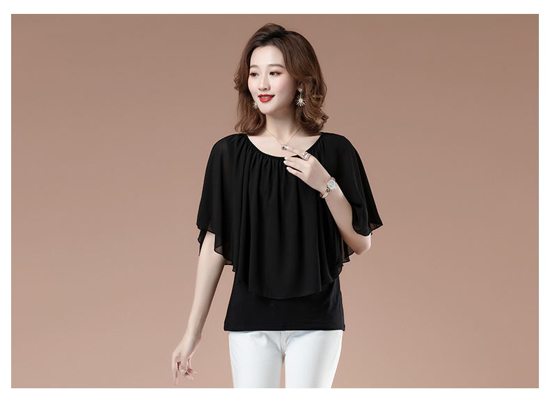 Loose to cover the belly 蝙蝠衫 short-sleeved round-neck chiffon blouse for women in summer, plus-size T-shirt for middle-aged mothers, and all-cotton T-shirt pic 8