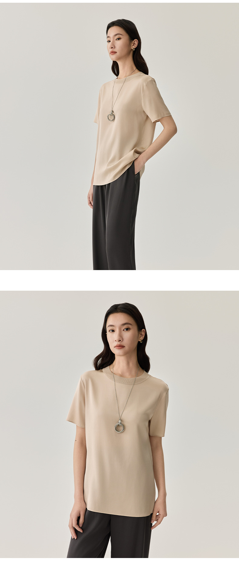 春夏季新品纯色桑蚕丝透气上衣 真丝简约短袖T恤时尚打底上衣女详情9